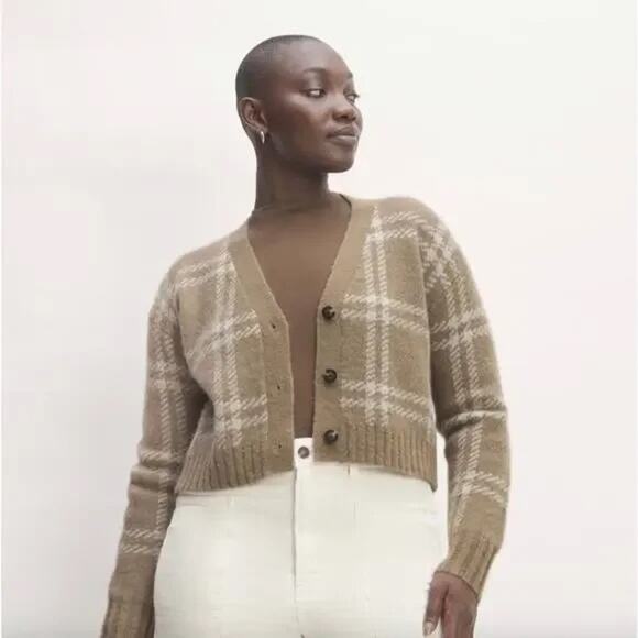 Everlane Size XS Beige Plaid V-Neck Alpaca Wool Blend Cropped Cardigan Sweater - Picture 12 of 12